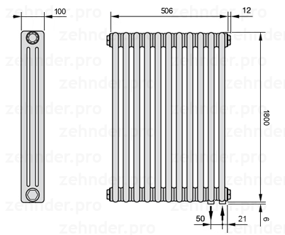 Схема (чертеж) Радиатор Zehnder Charleston 3180/11 №5510 Белый глянцевый RAL 9016